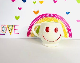 McCoy HAVE A HAPPY DAY Mug, 1970's White and Red Smiley Face Mug, Nelson Smiley Face Coffee Cup, Happy Face Emoji Mug, Original McCoy Mug