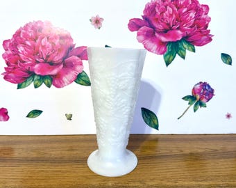 Vintage Anchor Hocking Milk Glass Vase: Grape Motif Footed Vase
