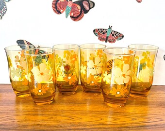 Set of 6 Floral Amber Glasses, 6 Amber Glass Tumblers, Flower Power Tumblers, Amber Glass  Daisy Ice Tea Glasses, Yellow Flower Glasses