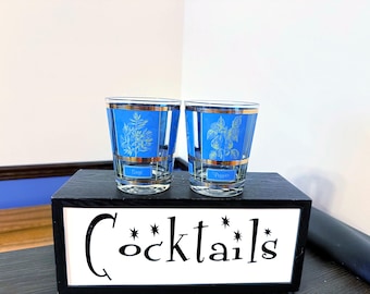 2 Mid Century Modern Cera "Herbs" Blue & 22K Gold Double Old Fashioned Cocktail Glasses