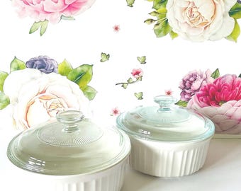 Pair Corning French White 1.5 Quart Covered Casseroles, 2 Round Corning Ware White Ribbed Casseroles with Lids, 2  French White Casseroles