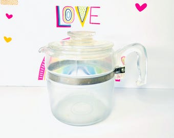 PYREX Flameware 6 Cup Percolator & Lid No Basket Or Insert, Pyrex Coffee Pot, PYREX 7756 Carafe, Clear Glass Pyrex Coffee Maker-Cloudy Glass