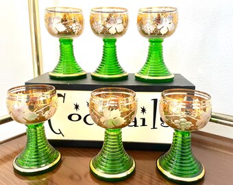 6 Gold Grape Vine Roemer Wine Glasses, German Green & 22k Gold Grape Wine Glasses, Grape Motif Beehive Stem Etched Glass Wine Goblets