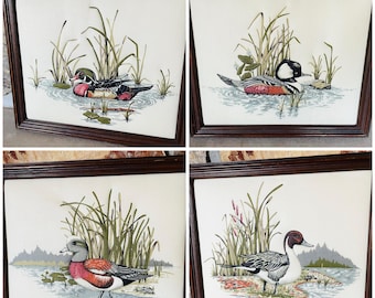 4 Framed Quilted Fabric Duck Wall Hangings, 14 x 11 Quilted Duck Wall Art, Wood Duck, American Wigeon, Northern Pintail, Hooded Merganser
