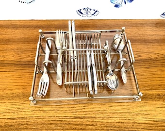 1970s Store & Serve Lucite and Metal Flatware Holder/Buffet Server Brass Finish