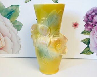 Vintage Royal Copley Magnolia Vase, Royal Copley Art Pottery Vase, 1940's Yellow Floral Vase, Double Sided Vase, Yellow Art Nouveau Vase