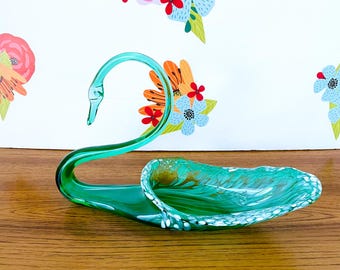 Hand Blown Green Glass Swan Candy Dish, Mid Century Art Glass Swan Bowl, 1960s Blown Glass Swan Decorative Dish