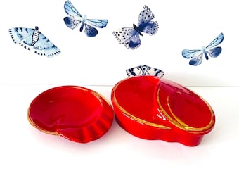 Vintage Red and Gold Ever-Art Vanity Set With Ashtray And Trinket Dish