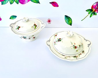 Homer Laughlin Round Butter Dish & Sugar Bowl, 40s Homer Laughlin Sugar Bowl and Cheese Dish, Homer Laughlin Floral Vine Serving Pieces