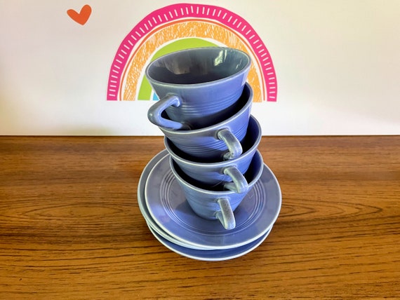 4 Homer Laughlin Harlequin Mauve Blue Cup and Saucers Harlequin Periwinkle Tea Cup Saucers 4 Flat Cup Saucer Sets Harlequin Mauve Blue Etsy