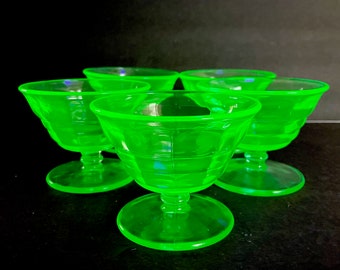 5  Paden City Party Line Green Low Sherbet Glasses, Paden City Block Optic Uranium/Vaseline Glass Champagne Glasses