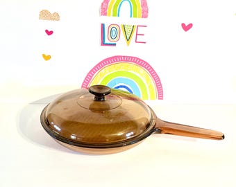 Large Pyrex 10" Skillet With Lid, Large Pyrex Corning Visions Cookware, Pyrex Visions Amber Frying Pan, Corning Vision 10" Skillet With Lid