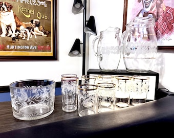 Bartlett Collins, Mid Century Etched Glass Set | Golden Fruits Pattern - Pitchers 80oz & 32oz, Tumblers, Ice Bucket
