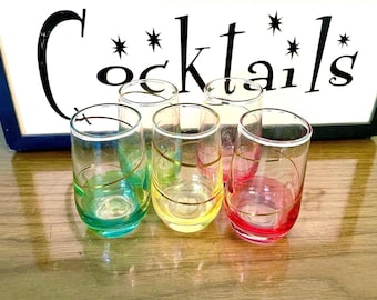 5 Rainbow Multicolor Gold Trim Mid Century Aperitif/Shot Glasses
