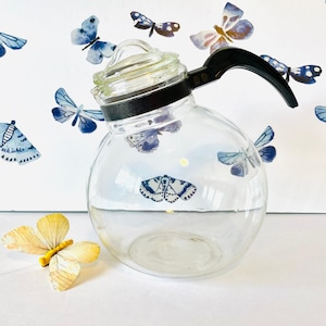 May include: A clear glass teapot with a spherical body and a black handle. The teapot features a small moth graphic on its side. A separate yellow butterfly ornament rests near the base of the teapot, while blue moth illustrations decorate the background.