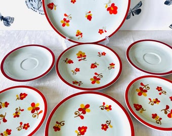 Vista Alegre Block Paprika Dishes, 7 Piece Lot Hearthstone Block Paprika Dinnerware, Block Paprika Plates and Saucers