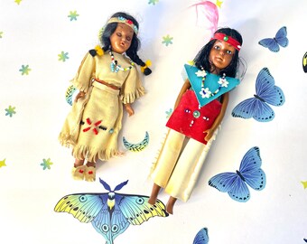 2 Mid Century Native American Plastic Dolls, Boy & Girl Indigenous American Dolls, Traditional Native American Couple With Baby In Papoose