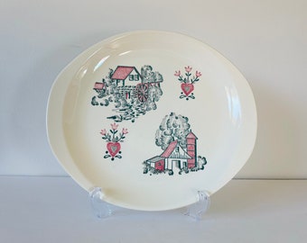 Vintage Mid Century Marcrest Red and Green Mill Platter, Marcrest 1950's  Platter, Marcrest Red Barn and Hearts Platter