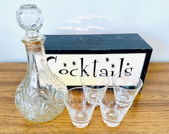 Anchor Hocking Medallion Clear Decanter & Anchor Hocking Cubist Whiskey Glasses, Anchor Hocking Cubist and Medallion Clear Barware