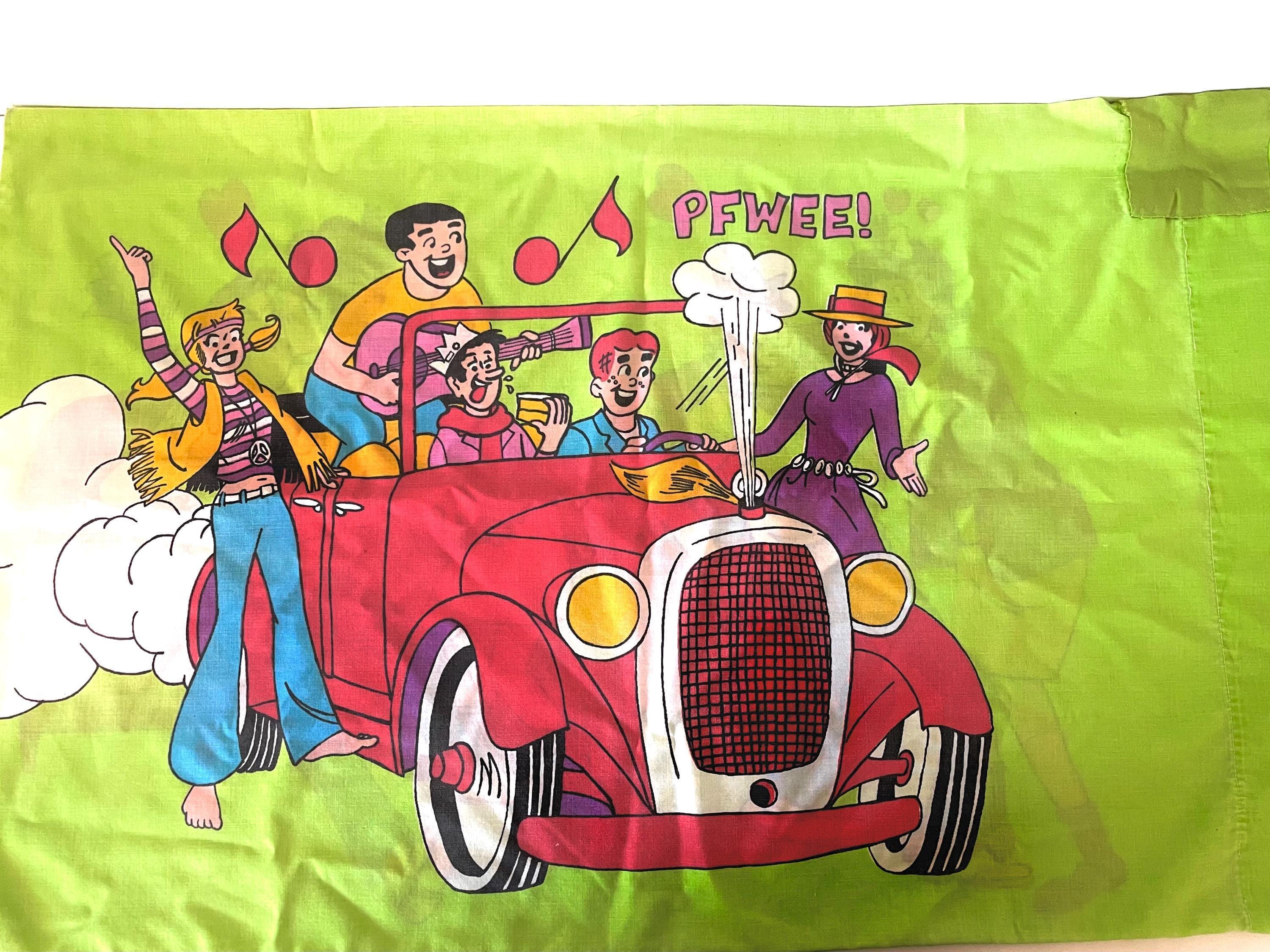 レア　HYSTERIC MINI サーフ柄　シーツ　枕カバー　中古 Archies 枕カバー：レトロコミックデザイン（グリーン、標準サイズ