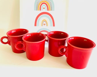 4 Homer Laughlin Fiesta Scarlet Mugs, Scarlet Ring Handle Fiesta Cups, Fiestaware Scarlet Coffee Mugs, Newer Fiesta Scarlet Red Mugs