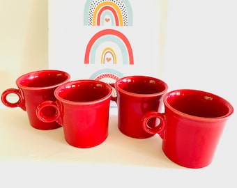 4 Homer Laughlin Fiesta Scarlet Mugs, Scarlet Ring Handle Fiesta Cups, Fiestaware Scarlet Coffee Mugs, Newer Fiesta Scarlet Red Mugs