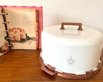 1960s Plastic Cake Carrier, Atomic Starburst Cake Taker and Storage, Bronze Tone Plastic Covered Cake Plate, Pie Saver and Carrier
