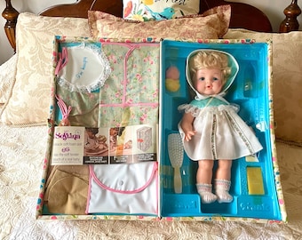 Vintage Eegee Softina New Old Stock Baby Doll with Layette and Travel Trunk, New In Box EG Goldberger Softina Miracle Soft Foam 12" Doll