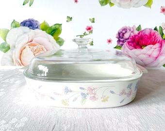Vintage Corning Ware Pastel Bouquet Covered Skillet: 10" Floral Baker