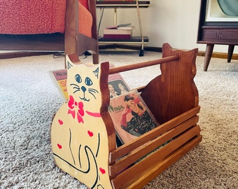 Vintage Cat Magazine Rack, Wooden Cat Planter Box, Wooden Kitty Basket, Wooden Cat Basket
