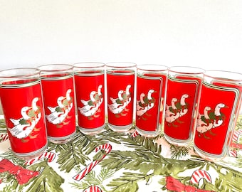 7 Culver Acrylic Christmas Goose Highball Glasses, Plastic Culver Goose Christmas Glasses, Red Goose Highball Glasses, Holiday Barware