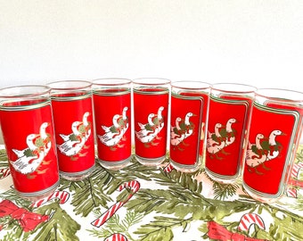 7 Culver Acrylic Christmas Goose Highball Glasses, Plastic Culver Goose Christmas Glasses, Red Goose Highball Glasses, Holiday Barware