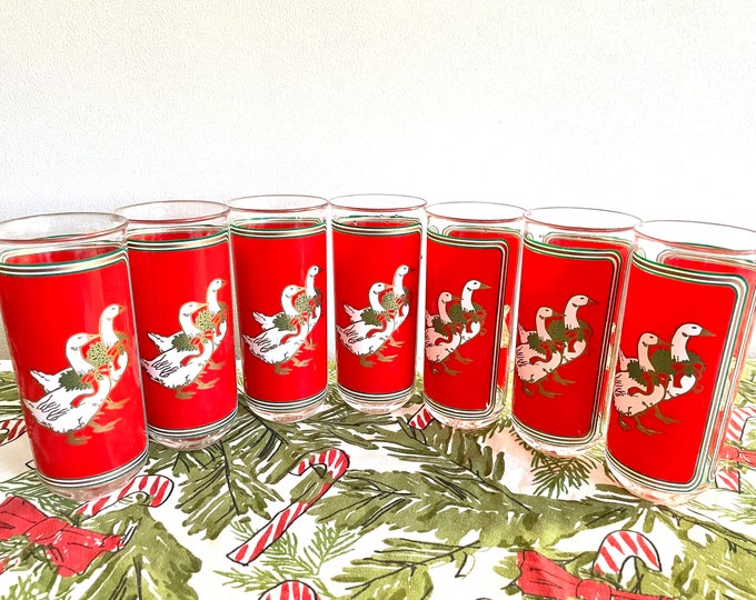 Featured listing image: 7 Culver Acrylic Christmas Goose Highball Glasses, Plastic Culver Goose Christmas Glasses, Red Goose Highball Glasses, Holiday Barware