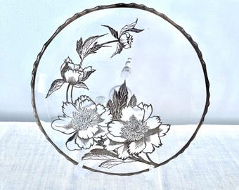 Vintage Rockwell Silver Glass Floral Cake Plate, Peony 3-Toed Plate 11" Cake Plate, 1960s Silver Overlay Glass Footed Dessert Tray