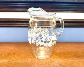 Large Mid Century Bartlett Collins Golden Fruits 80 Ounce Juice Etched Glass Pitcher
