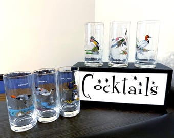 West Virginia Ned Smith Optic Game Birds Highball Glasses, Water Fowl Gold Trim Cocktail Glasses