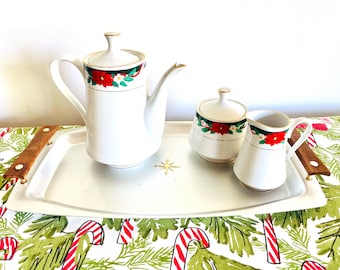 Vintage Tienshan Deck The Halls Tea Set, Poinsettia Christmas Coffee Service