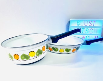 Pair Vintage Austria Email Enamel Pans, 70s Enamelware Pans, Enamel Skillet and Enamel Saucepan, Groovy 70s Enamel Cookware