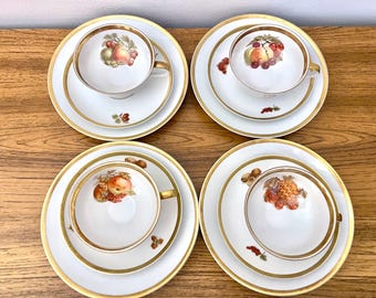 Set Of 4 Jaeger Harvest 3 Piece Luncheon Sets, Jaeger Fruit & Gold Trim Porcelain Tea Set, Fruit Harvest Dessert Set, Jaeger Harvest Tea Set