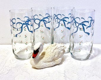 Libbey Tumblers: Blue Ribbon Design with Bows and Roses - Set of 4 Glasses