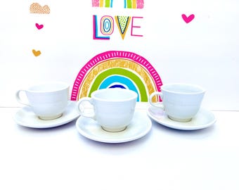 Homer Laughlin, White Fiesta Tea Cups And Saucers | Ceramic Flat Cup Saucer Design | Set Of 3