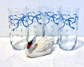 4 Libbey Blue Ribbon Tumblers, Libbey Blue Bow and Roses 16 Ounce Coolers