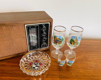 Cocktail Gift Set, Vintage German Souvenir Glassware | Gold Trim Ashtray, Shot Glasses, Stemware | 5.5", 6.5", 750ml