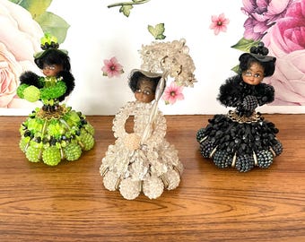 3 Vintage Handmade Bead Dolls, 1950s Safety Pin Beaded Dolls, Three Dark Skinned Bead Dolls, Southern Belle Bead & Safety Pin Doll Figurines