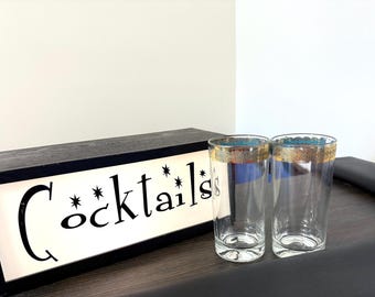 2 Golden Scroll 12 Oz Flat Tumblers, Teal and Gold Band Highballs, Gold Encrusted Glasses, Aqua With Gold Overlay Glasses