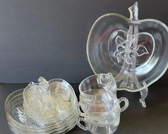 Vintage Orchard Apple Blossom Glass Luncheon Set - Mid Century Dessert Service for 4