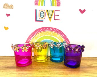 Vinatge Rainbow Colored Flower Encrused Votive Candle Holders
