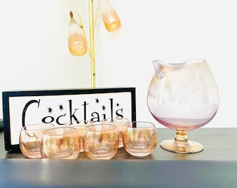 7 Piece Gold Dusted Cocktail Set, 22k Gold Fleck Cocktail Glasses & Pitcher, Blush And Gold Splatter Brandy Pitcher And Roly Poly Glasses