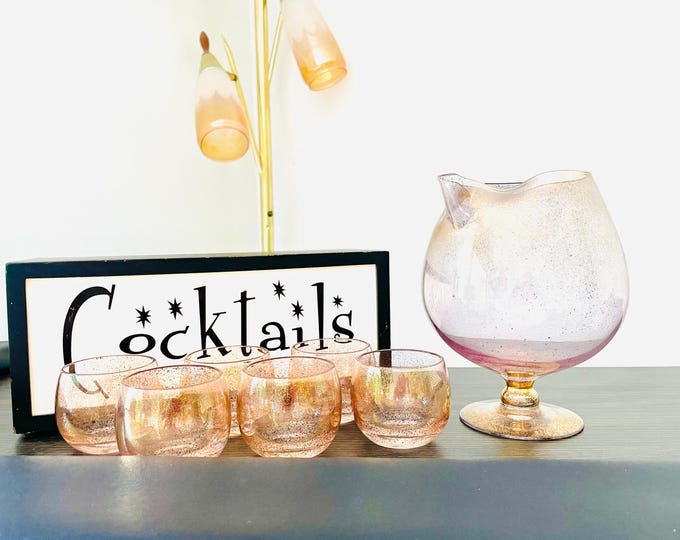 Featured listing image: 7 Piece Gold Dusted Cocktail Set, 22k Gold Fleck Cocktail Glasses & Pitcher, Blush And Gold Splatter Brandy Pitcher And Roly Poly Glasses