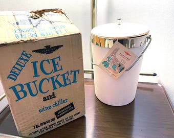 Mid Century Modern Plas-Tex Ice Bucket Wine Chiller, White With Gold Trim Double Double-Walled Tall Ice Bucket With Box